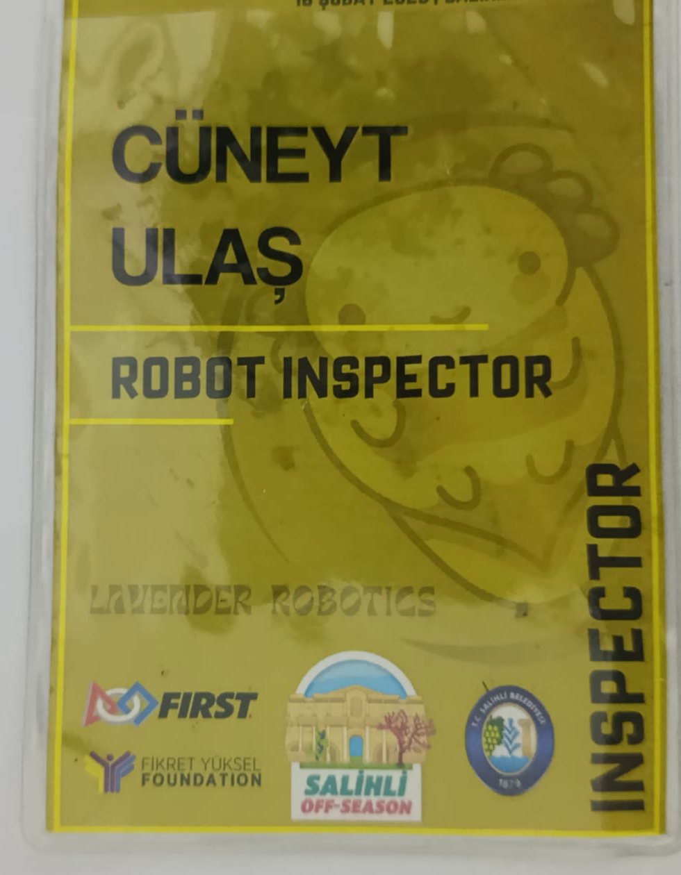 FTC Salihli Off-Season Robot Müfettişi yaka kartı.